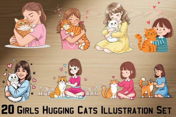 20 Girls Hugging Cats Graphics for Crafting